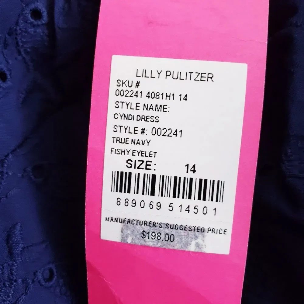 Lilly Pulitzer Cyndi Dress In Navy Blue Embroidered Fish Eyelet - Picture 8 of 11
